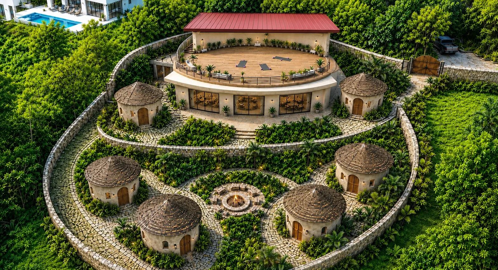 Concept rendering of the Circle of Elements: six healing huts around a fire pit beside the event pavilion with a rooftop yoga deck